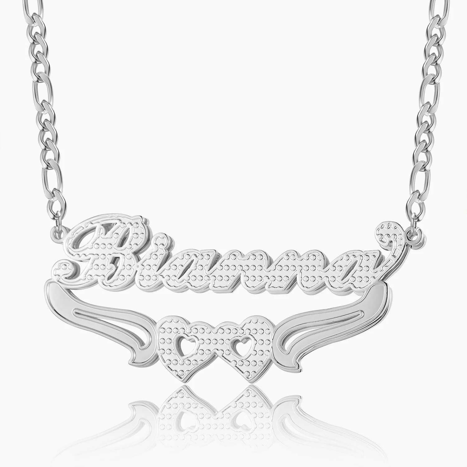 Double Plated Hearts Name Necklace w/ Figaro Chain - Image 5