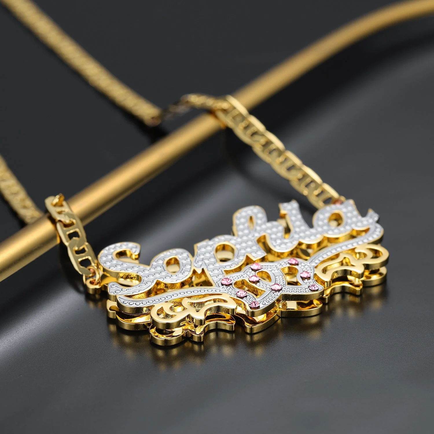 Kids Double Plated Double Heart Name Necklace w/ Clip Chain - Image 4