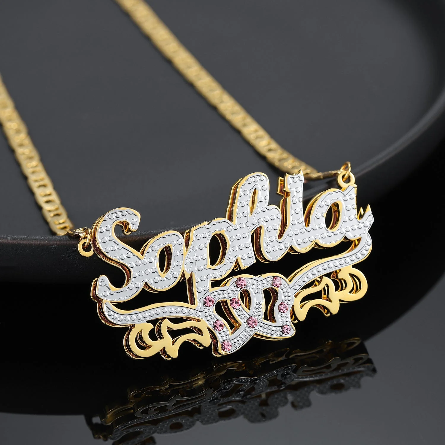 Kids Double Plated Double Heart Name Necklace w/ Clip Chain - Image 5