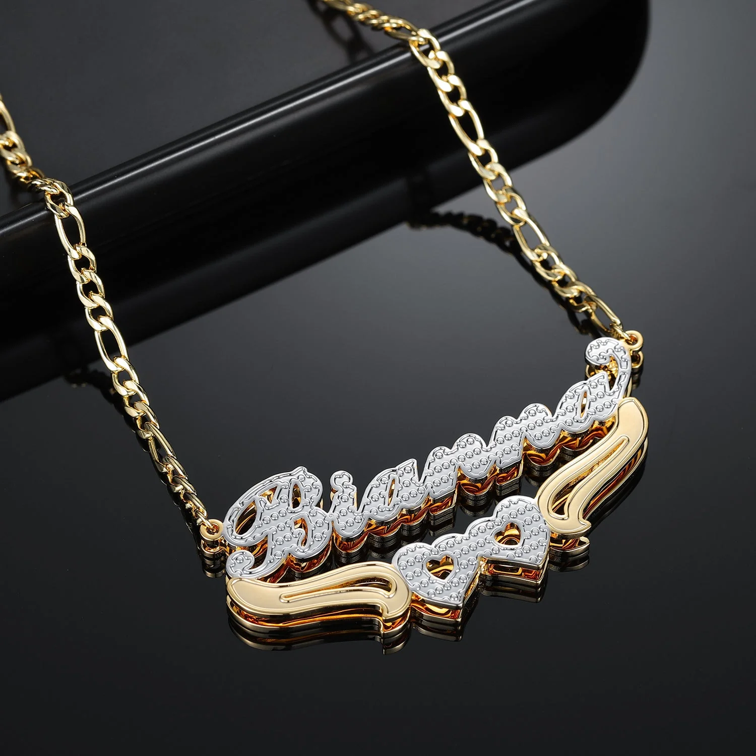 Kids Double Plated Hearts Name Necklace w/ Figaro Chain - Image 3